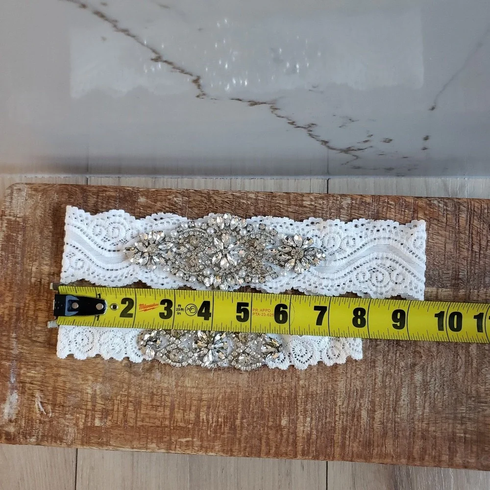 Bridal Garter Set White Rhinestone Crystal Lace Wedding 2 Piece Set Prom - Picture 3 of 5